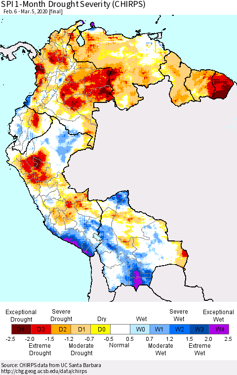 Northern South America SPI 1-Month Drought Severity (CHIRPS) Thematic Map For 2/6/2020 - 3/5/2020