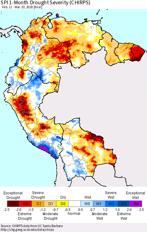 Northern South America SPI 1-Month Drought Severity (CHIRPS) Thematic Map For 2/11/2020 - 3/10/2020