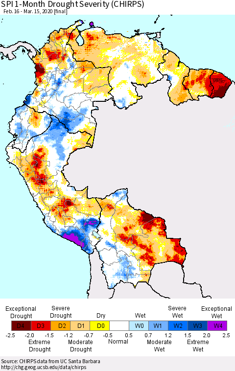 Northern South America SPI 1-Month Drought Severity (CHIRPS) Thematic Map For 2/16/2020 - 3/15/2020