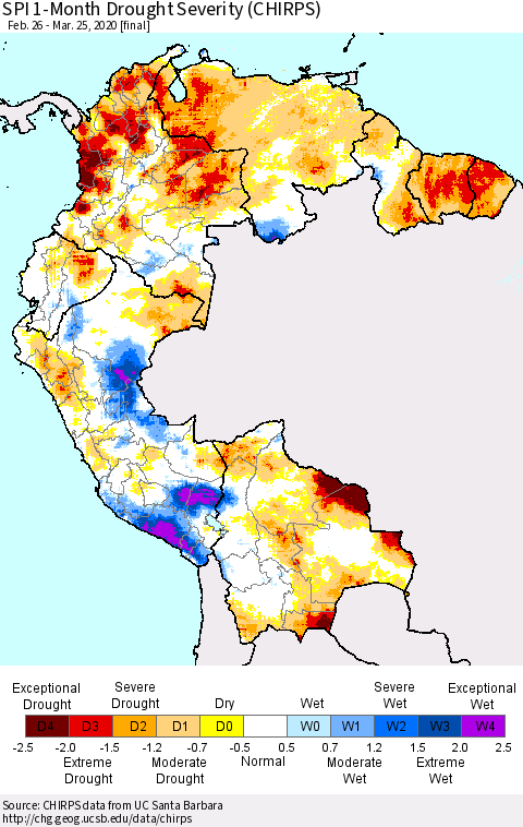Northern South America SPI 1-Month Drought Severity (CHIRPS) Thematic Map For 2/26/2020 - 3/25/2020