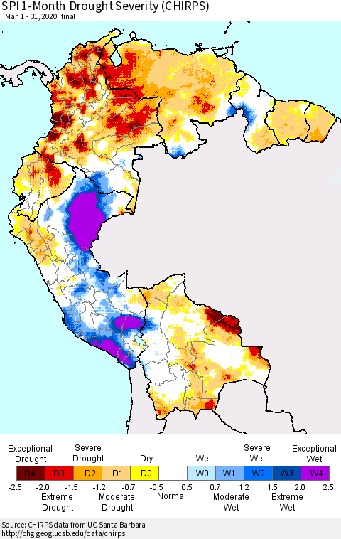 Northern South America SPI 1-Month Drought Severity (CHIRPS) Thematic Map For 3/1/2020 - 3/31/2020