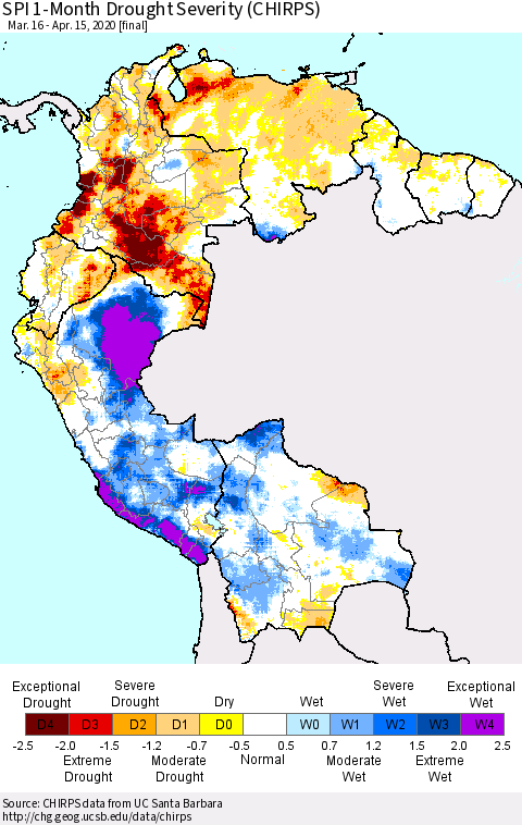 Northern South America SPI 1-Month Drought Severity (CHIRPS) Thematic Map For 3/16/2020 - 4/15/2020
