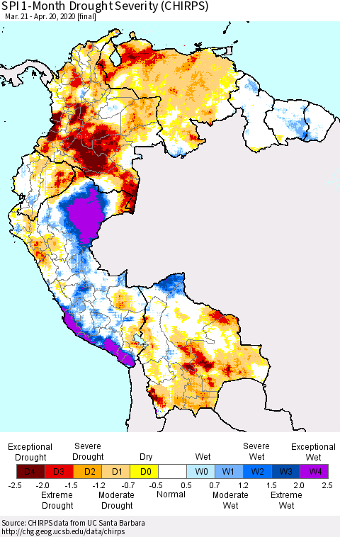 Northern South America SPI 1-Month Drought Severity (CHIRPS) Thematic Map For 3/21/2020 - 4/20/2020