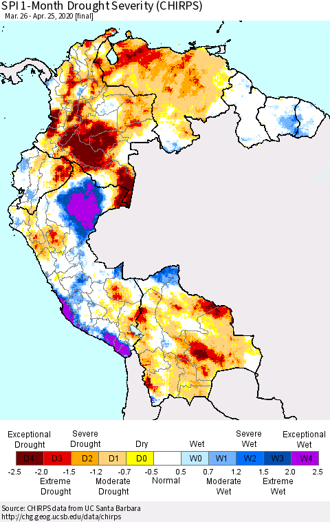 Northern South America SPI 1-Month Drought Severity (CHIRPS) Thematic Map For 3/26/2020 - 4/25/2020