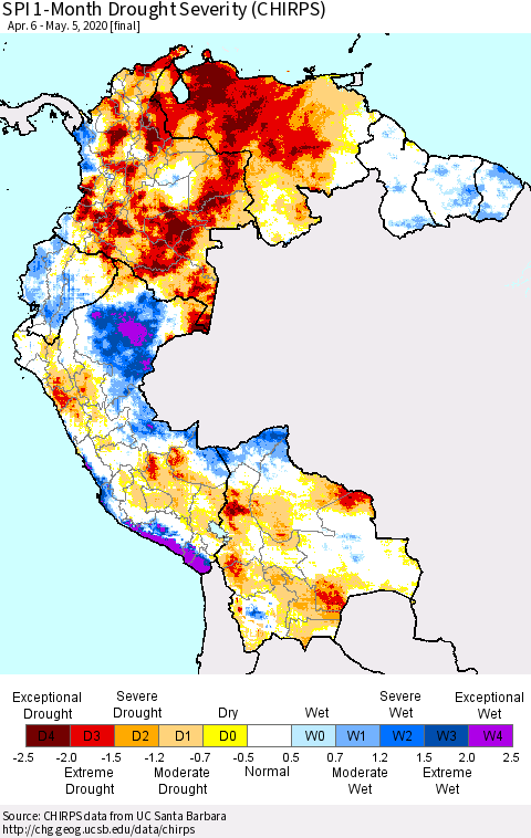Northern South America SPI 1-Month Drought Severity (CHIRPS) Thematic Map For 4/6/2020 - 5/5/2020