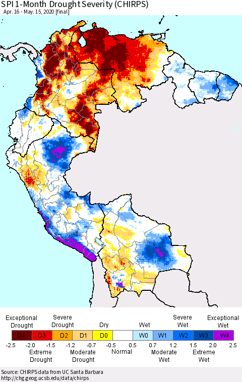 Northern South America SPI 1-Month Drought Severity (CHIRPS) Thematic Map For 4/16/2020 - 5/15/2020