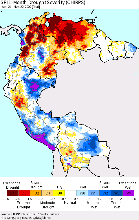 Northern South America SPI 1-Month Drought Severity (CHIRPS) Thematic Map For 4/21/2020 - 5/20/2020