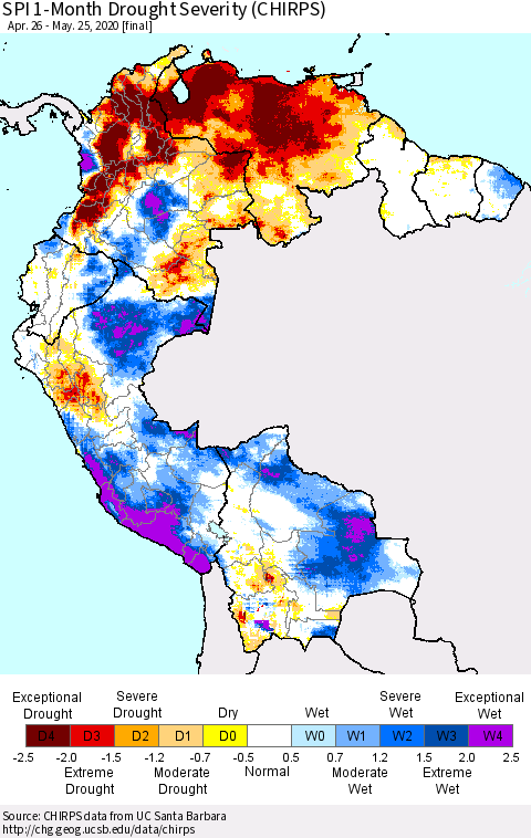 Northern South America SPI 1-Month Drought Severity (CHIRPS) Thematic Map For 4/26/2020 - 5/25/2020