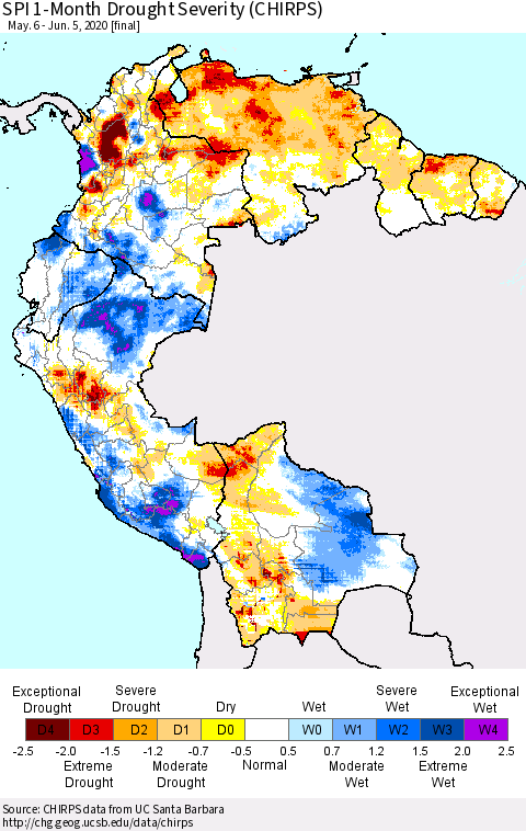 Northern South America SPI 1-Month Drought Severity (CHIRPS) Thematic Map For 5/6/2020 - 6/5/2020
