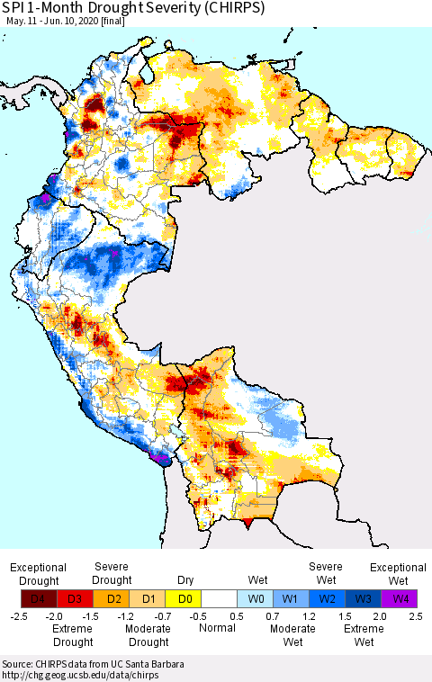 Northern South America SPI 1-Month Drought Severity (CHIRPS) Thematic Map For 5/11/2020 - 6/10/2020