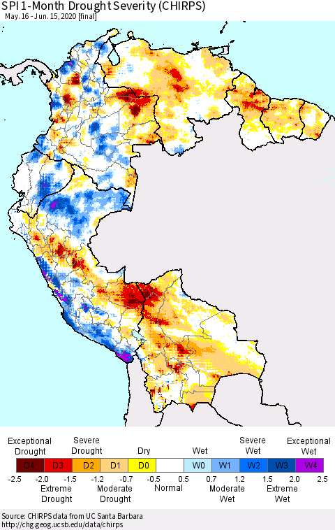 Northern South America SPI 1-Month Drought Severity (CHIRPS) Thematic Map For 5/16/2020 - 6/15/2020