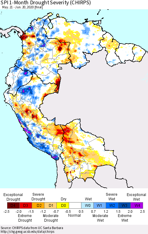 Northern South America SPI 1-Month Drought Severity (CHIRPS) Thematic Map For 5/21/2020 - 6/20/2020