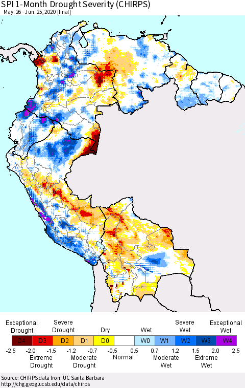 Northern South America SPI 1-Month Drought Severity (CHIRPS) Thematic Map For 5/26/2020 - 6/25/2020