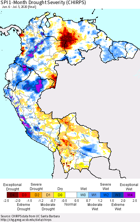 Northern South America SPI 1-Month Drought Severity (CHIRPS) Thematic Map For 6/6/2020 - 7/5/2020