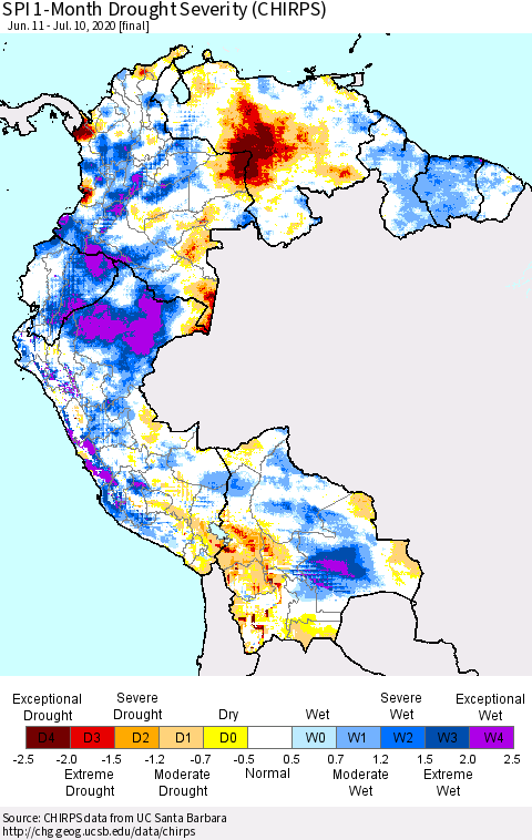 Northern South America SPI 1-Month Drought Severity (CHIRPS) Thematic Map For 6/11/2020 - 7/10/2020