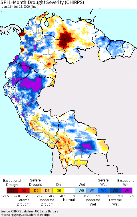 Northern South America SPI 1-Month Drought Severity (CHIRPS) Thematic Map For 6/16/2020 - 7/15/2020