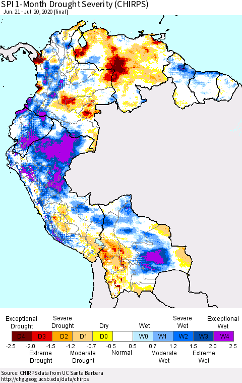 Northern South America SPI 1-Month Drought Severity (CHIRPS) Thematic Map For 6/21/2020 - 7/20/2020