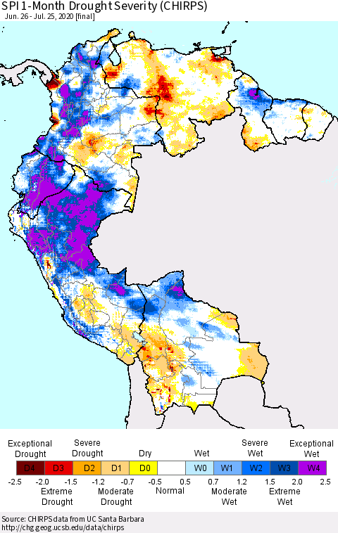 Northern South America SPI 1-Month Drought Severity (CHIRPS) Thematic Map For 6/26/2020 - 7/25/2020