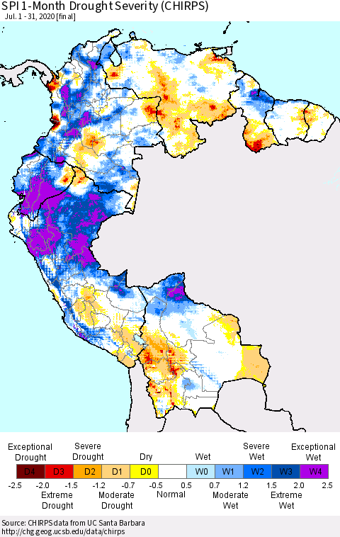 Northern South America SPI 1-Month Drought Severity (CHIRPS) Thematic Map For 7/1/2020 - 7/31/2020
