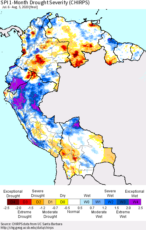 Northern South America SPI 1-Month Drought Severity (CHIRPS) Thematic Map For 7/6/2020 - 8/5/2020