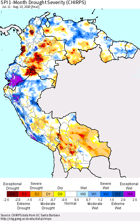 Northern South America SPI 1-Month Drought Severity (CHIRPS) Thematic Map For 7/11/2020 - 8/10/2020