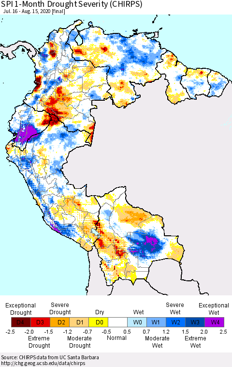 Northern South America SPI 1-Month Drought Severity (CHIRPS) Thematic Map For 7/16/2020 - 8/15/2020