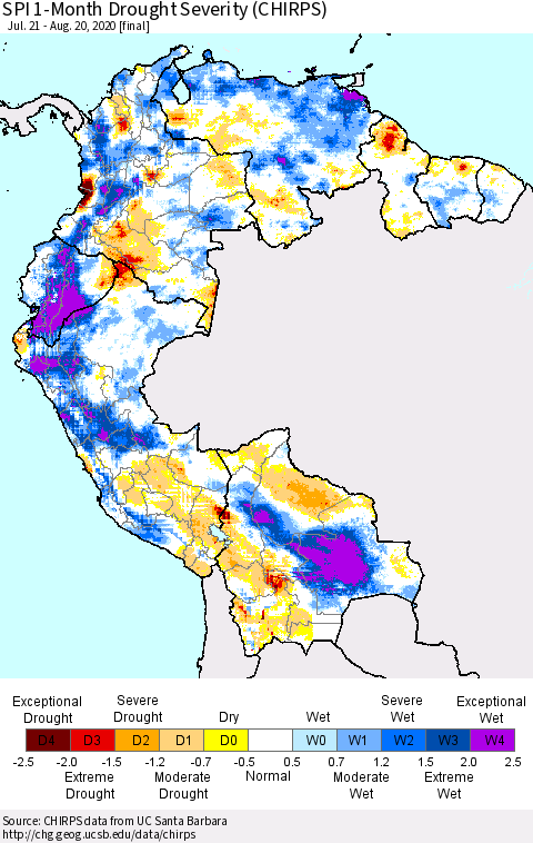 Northern South America SPI 1-Month Drought Severity (CHIRPS) Thematic Map For 7/21/2020 - 8/20/2020