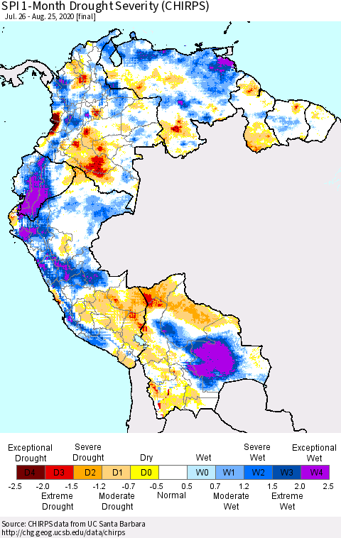 Northern South America SPI 1-Month Drought Severity (CHIRPS) Thematic Map For 7/26/2020 - 8/25/2020