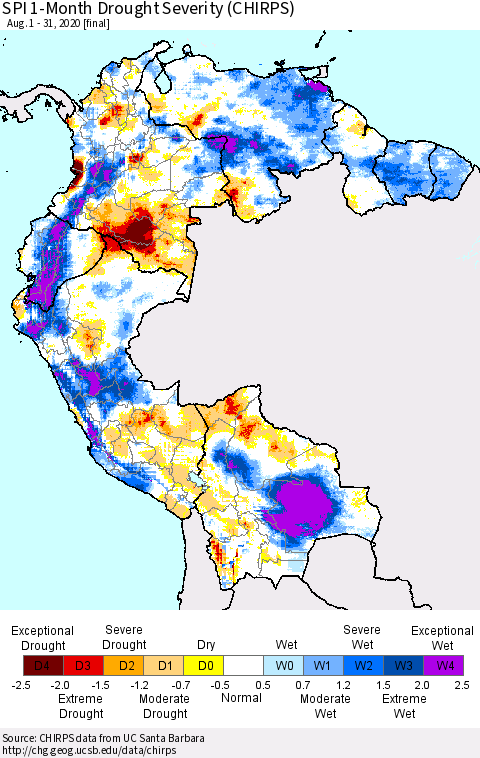 Northern South America SPI 1-Month Drought Severity (CHIRPS) Thematic Map For 8/1/2020 - 8/31/2020