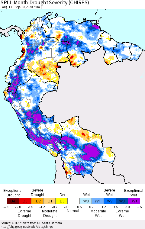 Northern South America SPI 1-Month Drought Severity (CHIRPS) Thematic Map For 8/11/2020 - 9/10/2020