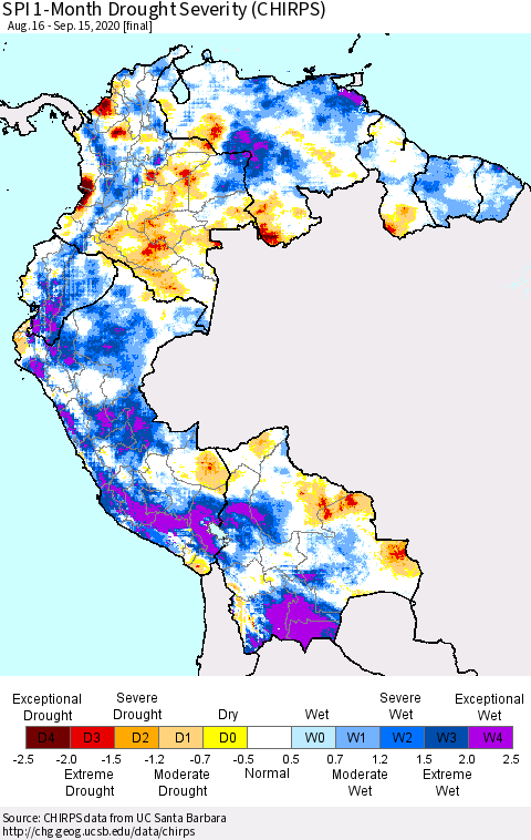 Northern South America SPI 1-Month Drought Severity (CHIRPS) Thematic Map For 8/16/2020 - 9/15/2020