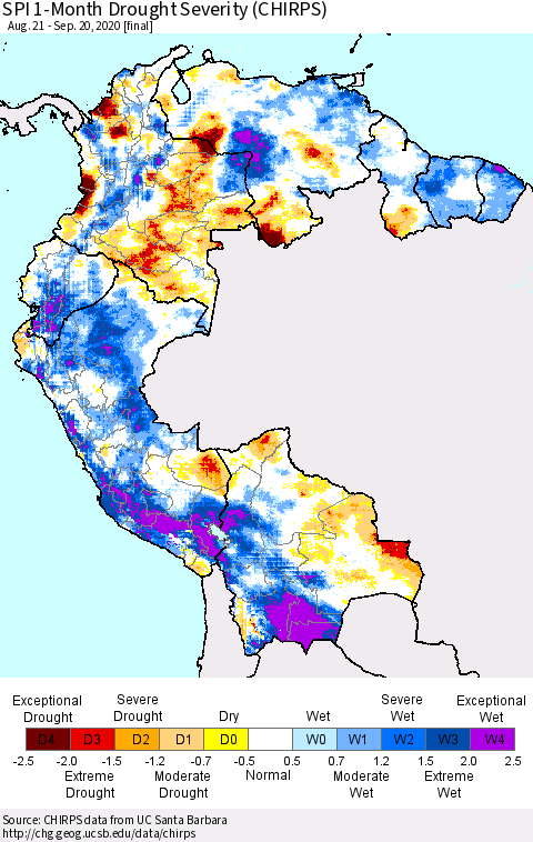Northern South America SPI 1-Month Drought Severity (CHIRPS) Thematic Map For 8/21/2020 - 9/20/2020