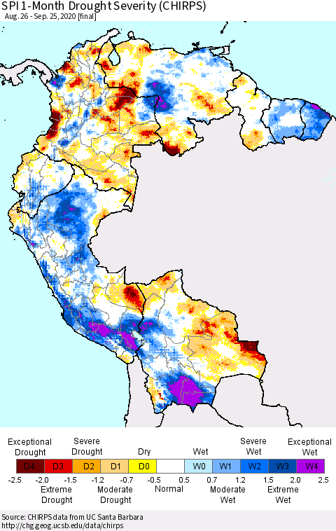 Northern South America SPI 1-Month Drought Severity (CHIRPS) Thematic Map For 8/26/2020 - 9/25/2020