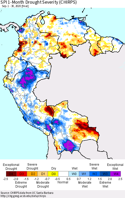 Northern South America SPI 1-Month Drought Severity (CHIRPS) Thematic Map For 9/1/2020 - 9/30/2020