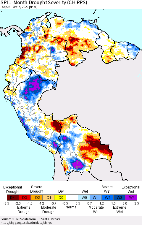 Northern South America SPI 1-Month Drought Severity (CHIRPS) Thematic Map For 9/6/2020 - 10/5/2020