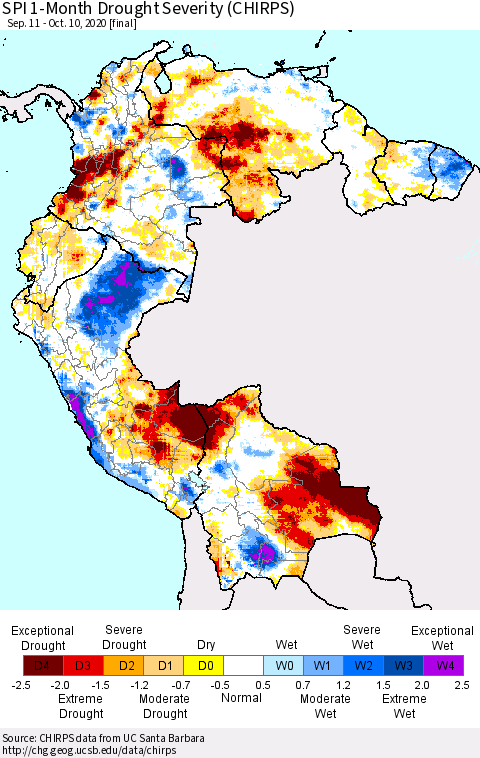 Northern South America SPI 1-Month Drought Severity (CHIRPS) Thematic Map For 9/11/2020 - 10/10/2020