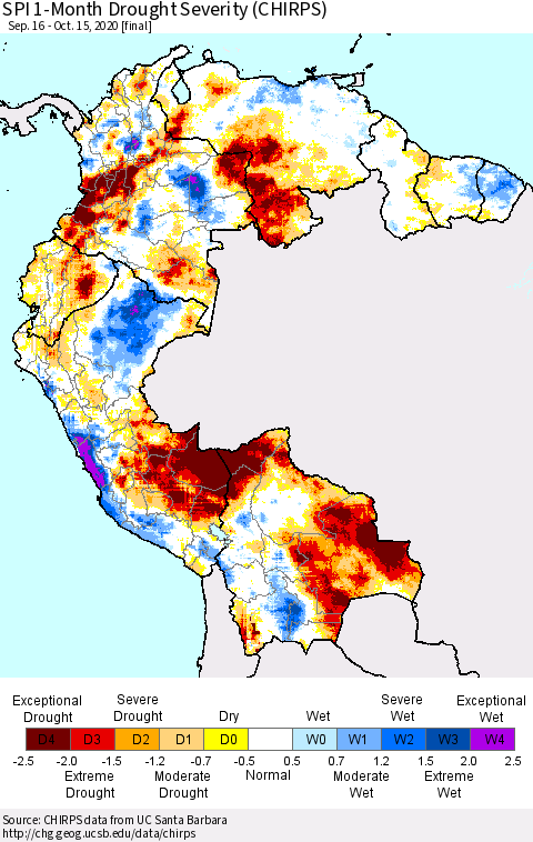 Northern South America SPI 1-Month Drought Severity (CHIRPS) Thematic Map For 9/16/2020 - 10/15/2020