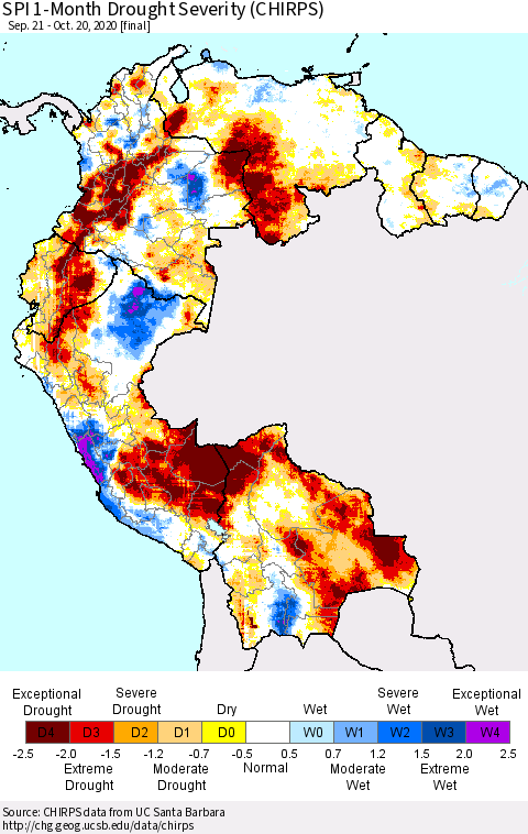 Northern South America SPI 1-Month Drought Severity (CHIRPS) Thematic Map For 9/21/2020 - 10/20/2020