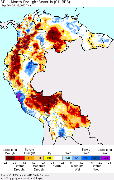 Northern South America SPI 1-Month Drought Severity (CHIRPS) Thematic Map For 9/26/2020 - 10/25/2020