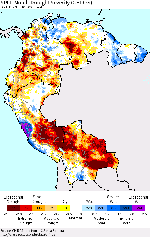Northern South America SPI 1-Month Drought Severity (CHIRPS) Thematic Map For 10/11/2020 - 11/10/2020