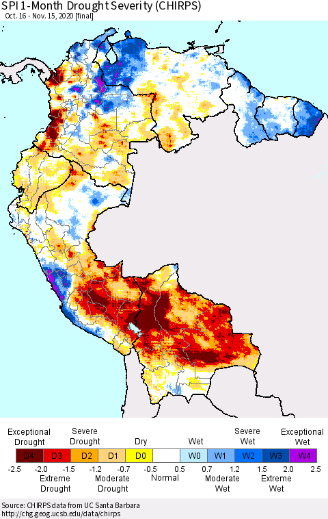 Northern South America SPI 1-Month Drought Severity (CHIRPS) Thematic Map For 10/16/2020 - 11/15/2020