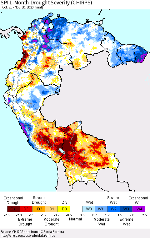 Northern South America SPI 1-Month Drought Severity (CHIRPS) Thematic Map For 10/21/2020 - 11/20/2020