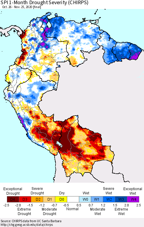 Northern South America SPI 1-Month Drought Severity (CHIRPS) Thematic Map For 10/26/2020 - 11/25/2020