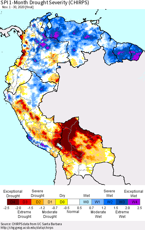 Northern South America SPI 1-Month Drought Severity (CHIRPS) Thematic Map For 11/1/2020 - 11/30/2020