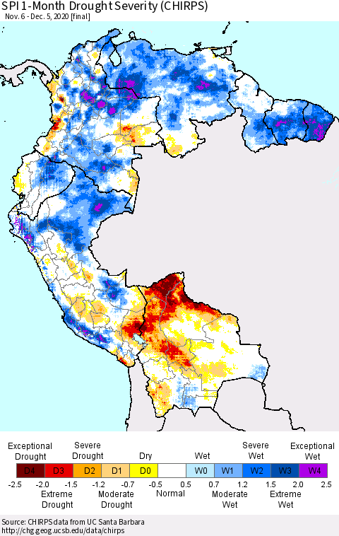 Northern South America SPI 1-Month Drought Severity (CHIRPS) Thematic Map For 11/6/2020 - 12/5/2020
