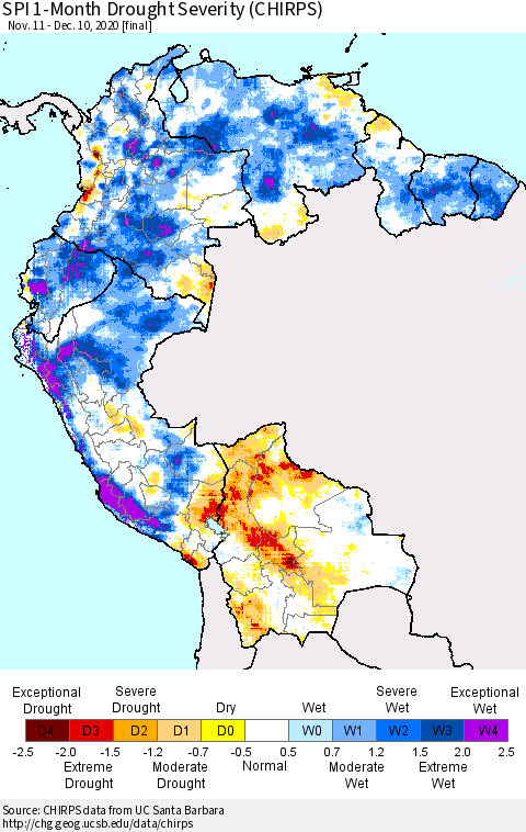 Northern South America SPI 1-Month Drought Severity (CHIRPS) Thematic Map For 11/11/2020 - 12/10/2020