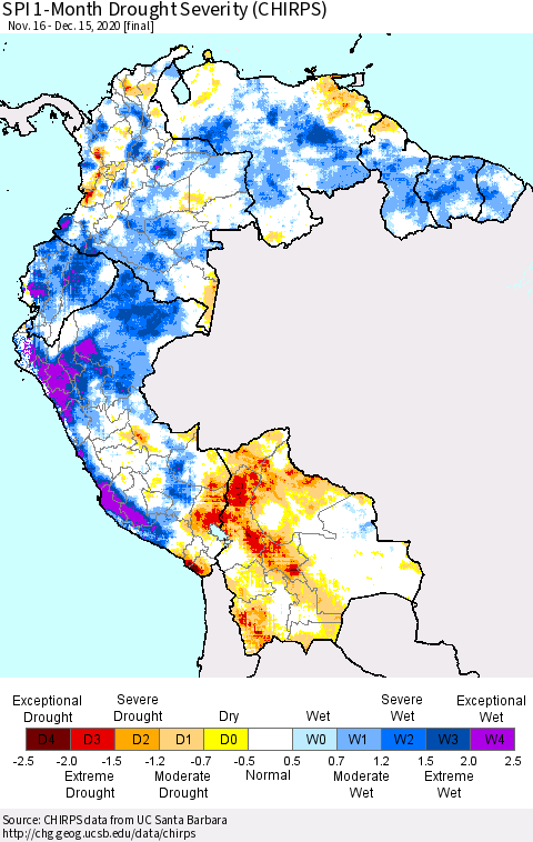 Northern South America SPI 1-Month Drought Severity (CHIRPS) Thematic Map For 11/16/2020 - 12/15/2020
