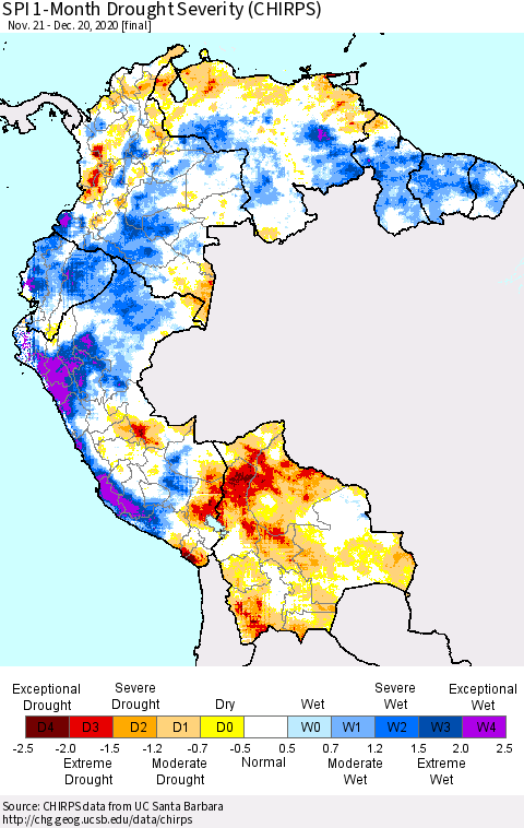 Northern South America SPI 1-Month Drought Severity (CHIRPS) Thematic Map For 11/21/2020 - 12/20/2020