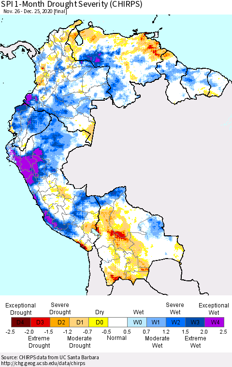 Northern South America SPI 1-Month Drought Severity (CHIRPS) Thematic Map For 11/26/2020 - 12/25/2020