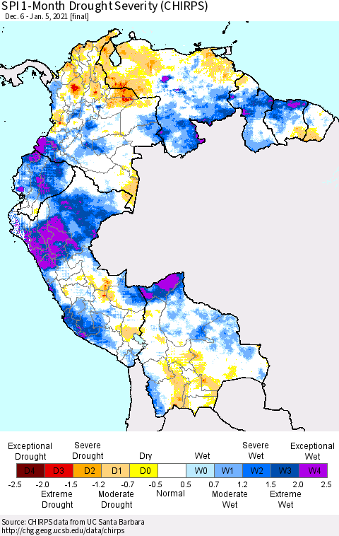 Northern South America SPI 1-Month Drought Severity (CHIRPS) Thematic Map For 12/6/2020 - 1/5/2021